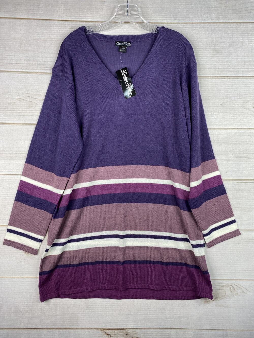 Evelyn Taylor Sweater Womens 2X Purple Striped Pullover V Neck Thin Stretchy NWT
